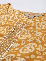 Thumbnail for Anouk Mustard Yellow & Off White Paisley Mirror Cotton Straight Kurta Trousers Dupatta - Distacart