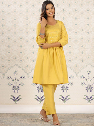 Ode by House of Pataudi Yellow Sequinned Detailed Anarkali Kurta With Trousers - Distacart