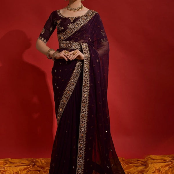 Anouk Purple & Gold-Toned Embellished Embroidered Pure Georgette Saree - Distacart