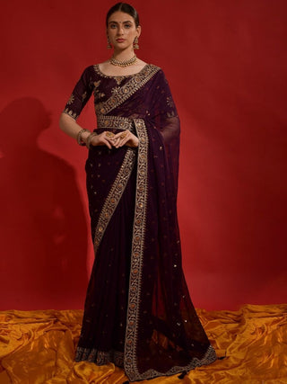 Anouk Purple & Gold-Toned Embellished Embroidered Pure Georgette Saree - Distacart