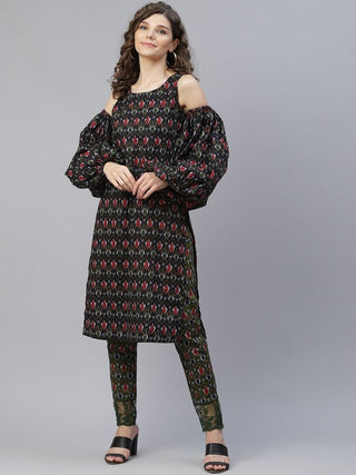 Aks Ethnic Motifs Printed Cold-Shoulder Sleeves Pure Cotton Kurta With Trousers - Distacart