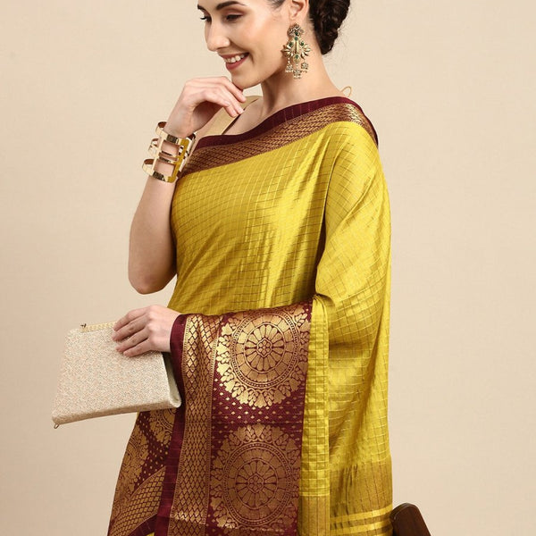 Anouk Mustard Yellow & Gold-Toned Checked Zari Pure Silk Kanjeevaram Saree - Distacart