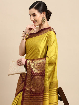Anouk Mustard Yellow & Gold-Toned Checked Zari Pure Silk Kanjeevaram Saree - Distacart