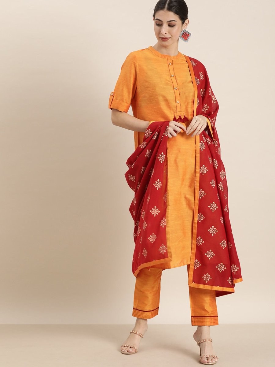 All About You Women Orange Regular Kurta with Trousers & With Dupatta - Distacart