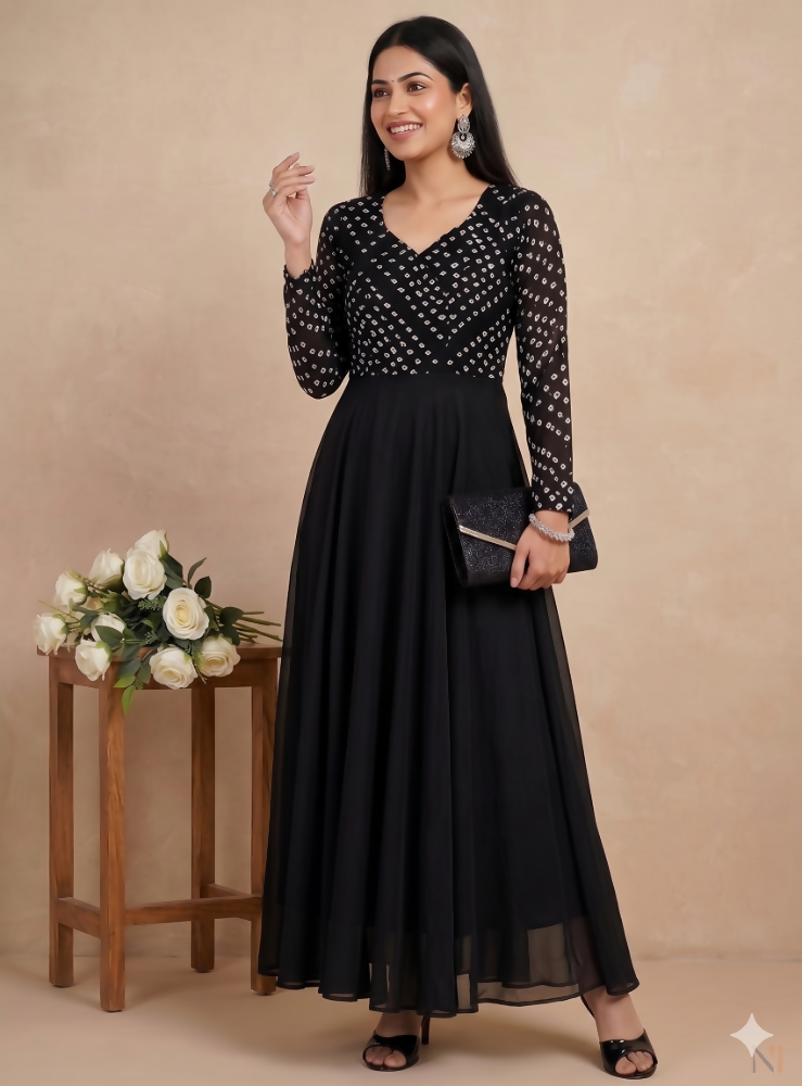 Teeya Creation Women's Black Bandhani Print Anarkali Gown - Dista