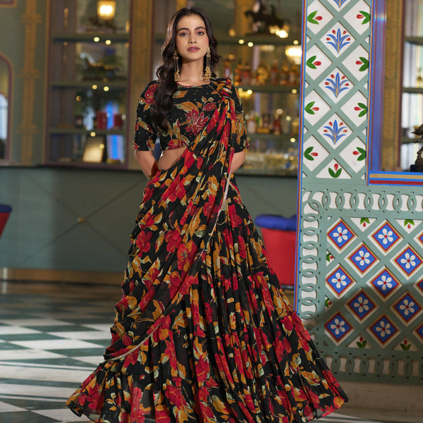 Lorenvalley Fashion Black Tasar Silk Printed And Iconic Sparkle with Lace Border Lehenga Choli with Dupatta - Dista