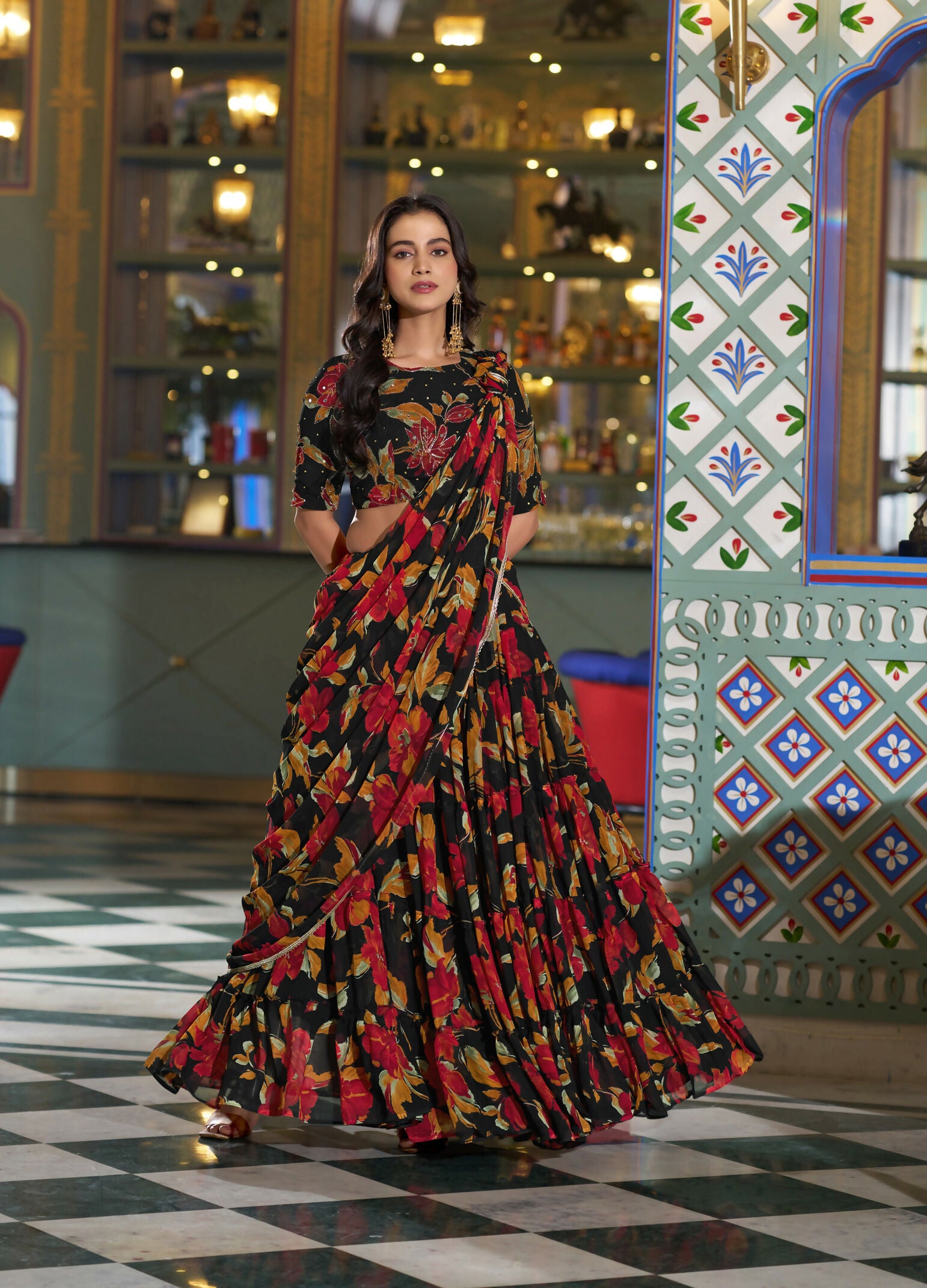 Lorenvalley Fashion Black Tasar Silk Printed And Iconic Sparkle with Lace Border Lehenga Choli with Dupatta - Dista