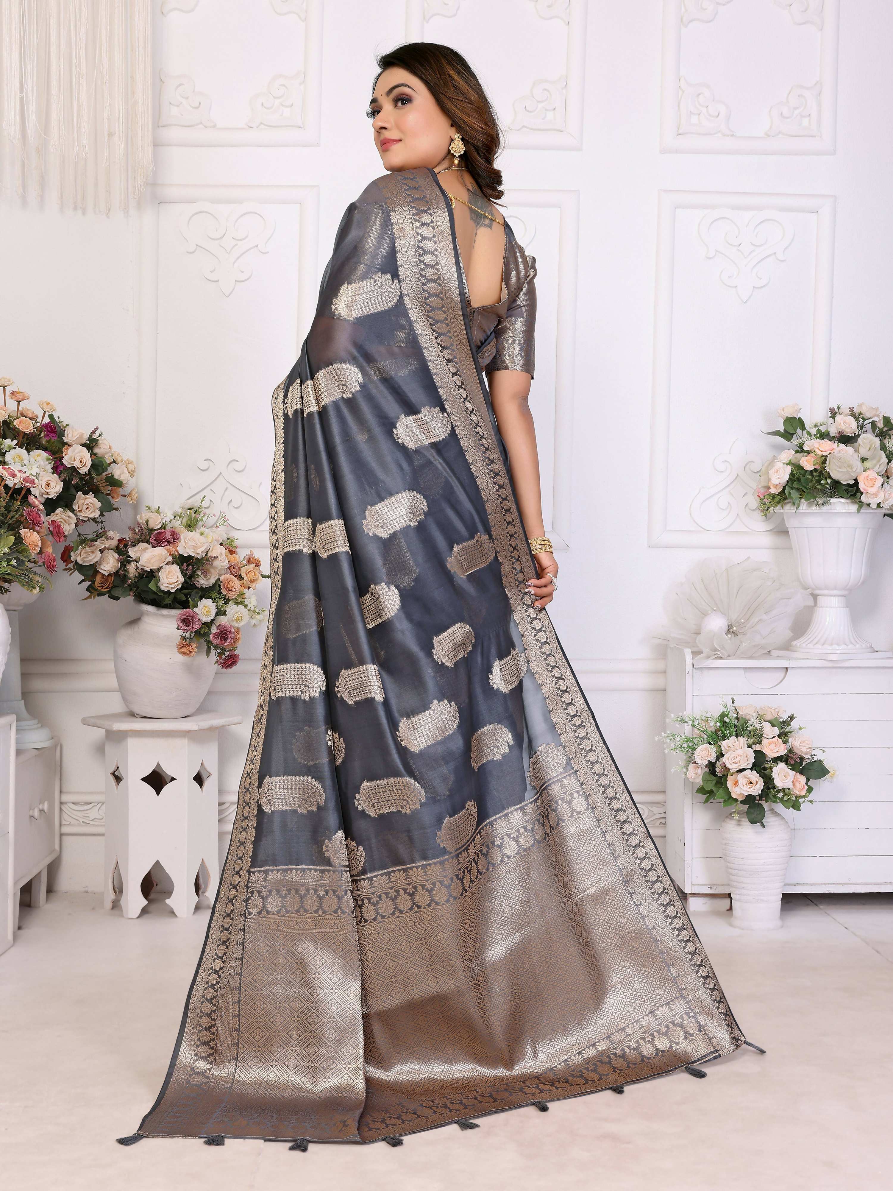 Aastha Fashion Grey Soft Organza Silk Weaving Saree - Distacart