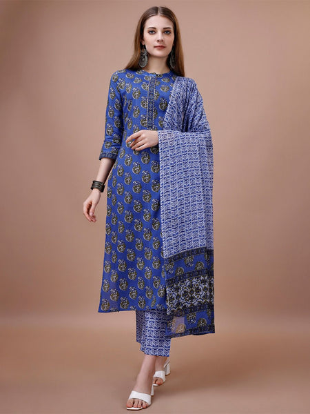 Ode by House of Pataudi Floral Printed Pure Cotton Kurta With Trousers & Dupatta - Distacart