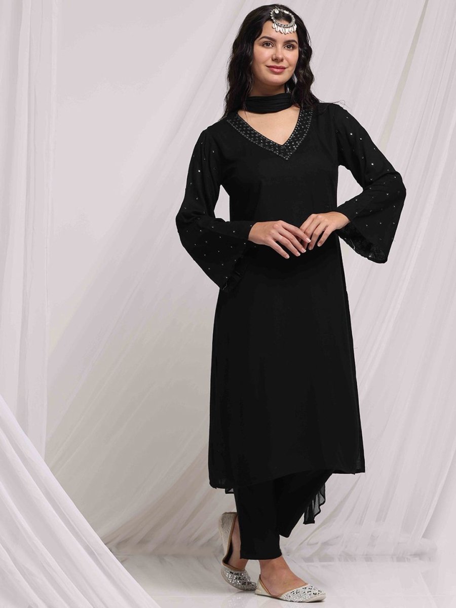 Anouk Black Ethnic Motifs Embroidered V-Neck Thread Work Kurta with Trousers & Dupatta - Distacart