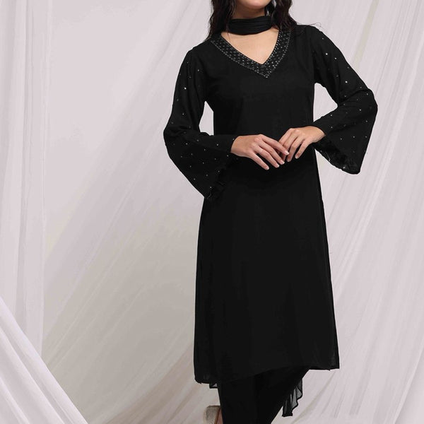 Anouk Black Ethnic Motifs Embroidered V-Neck Thread Work Kurta with Trousers & Dupatta - Distacart