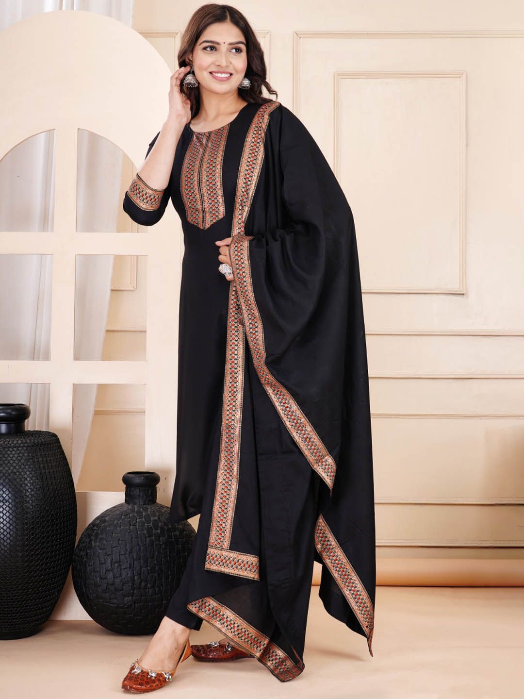 Kalini Ethnic Motifs Yoke Design Straight Kurta & Trousers With Dupatta