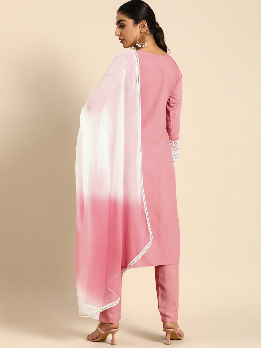 All About You Women Embroidered Chikankari Kurta With Trousers & With Dupatta - Distacart