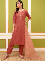Thumbnail for Vishudh Coral Round Neck Embroidery Straight Kurta & Palazzos With Dupatta