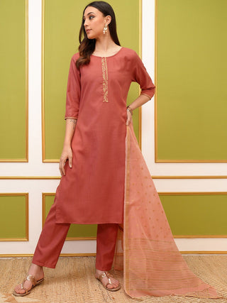 Vishudh Coral Round Neck Embroidery Straight Kurta & Palazzos With Dupatta - Distacart