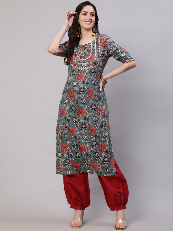Aks Floral Printed Regular Gotta Patti Kurta with Harem Pants - Distacart