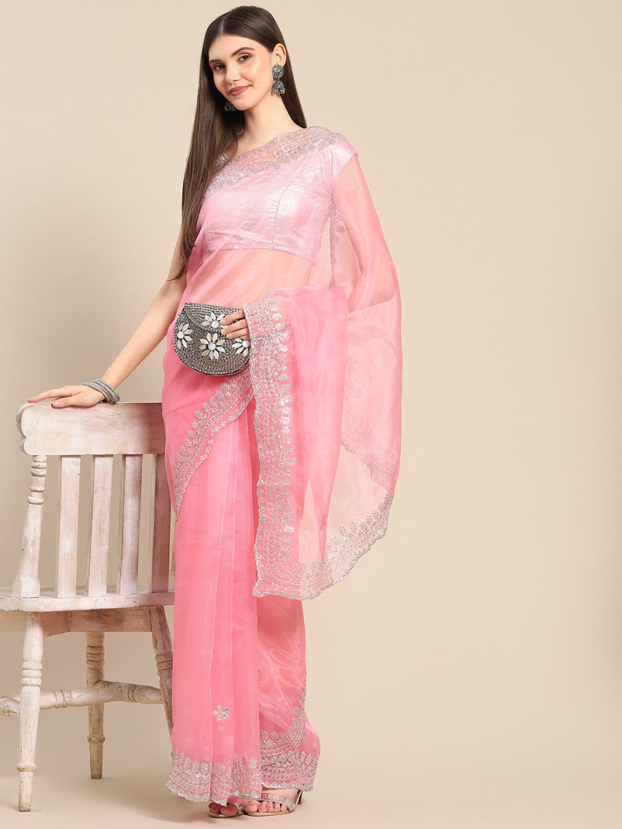 Anouk Pink Sequinned Organza Saree With Embroidered Border - Distacart