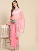 Thumbnail for Anouk Pink Sequinned Organza Saree With Embroidered Border - Distacart