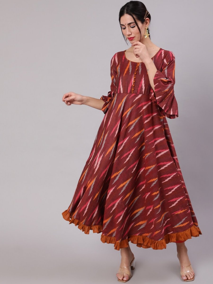 Aks Ikat Printed Pleated Pure Cotton Anarkali Kurta - Distacart