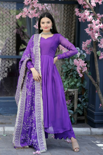 Jyoti Fashion Women's Purple Tabby Silk Designer Kurta with Trouser & Dupatta - Distacart