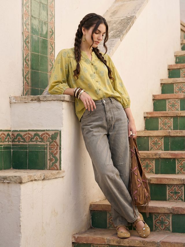 Janasya Lime Green Shirt Cotton Top - Dista