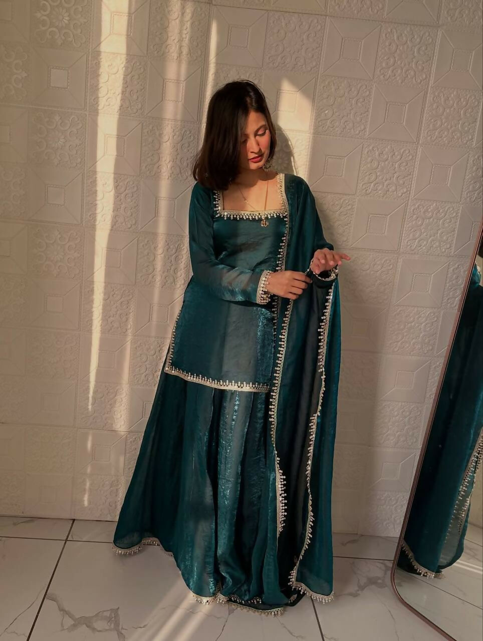 Teeya Creation Womens New Trending Less and Mirror Work Kurta Palazzo Set - Teal - Dista