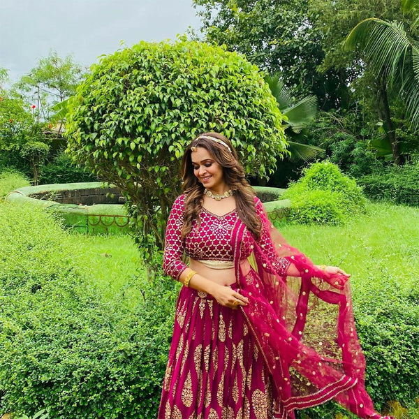 Jyoti Fashion Graceful Cherry Red Faux Georgette Jari Embroidery Lehenga Choli with Dupatta - Distacart