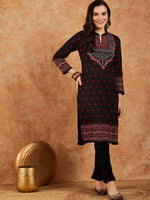 Thumbnail for Sangria Floral Printed Mandarin Collar Winter Kurta & Trousers