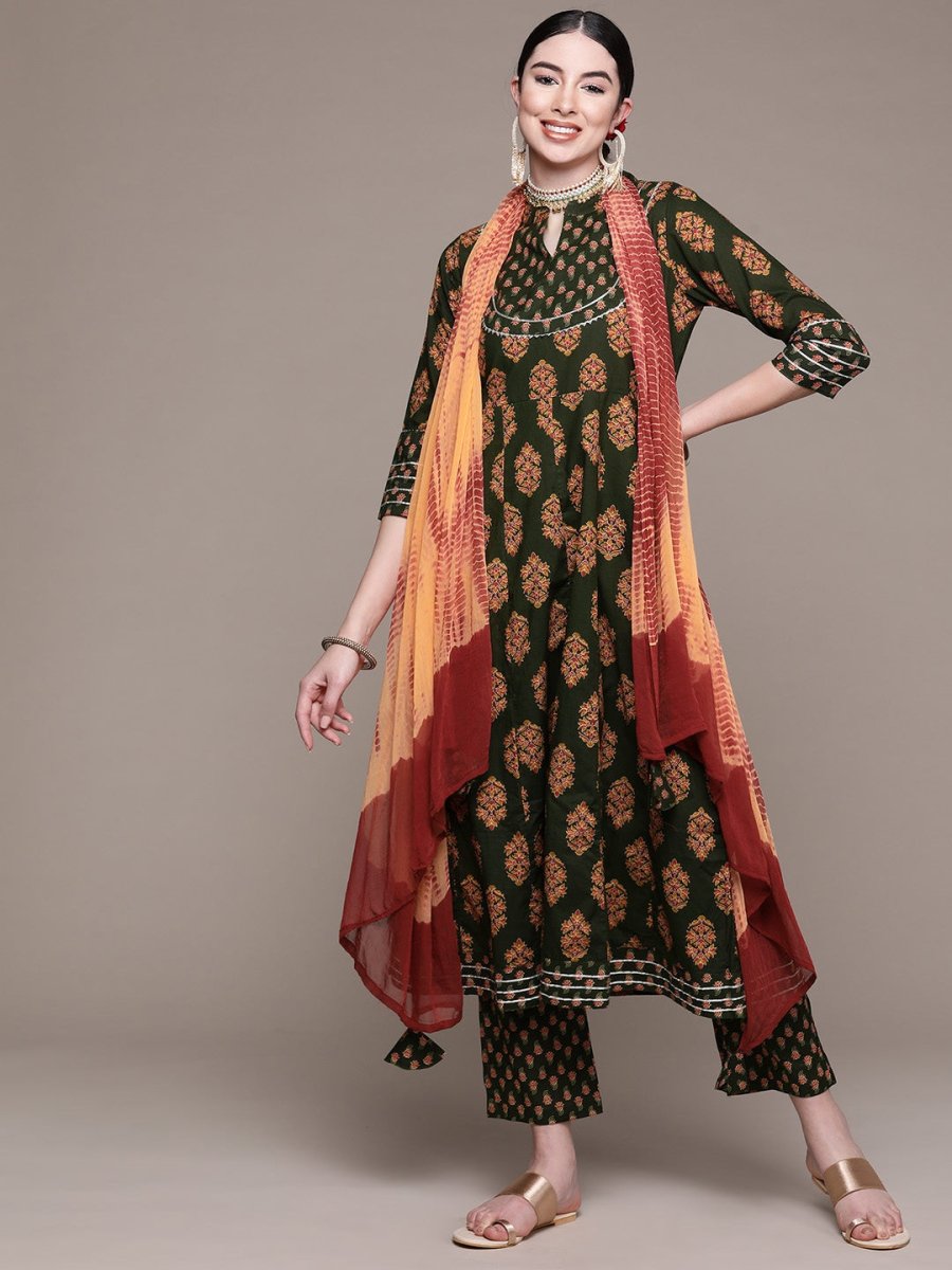 Anubhutee Women Green Ethnic Motifs Printed Pure Cotton Kurta with Palazzos & With Dupatta - Distacart
