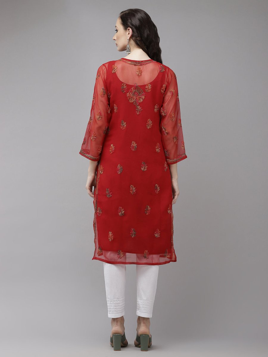 ADA Women Red Embroidered Regular Chikankari Kurta with Trousers - Distacart