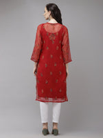 Thumbnail for ADA Women Red Embroidered Regular Chikankari Kurta with Trousers - Distacart