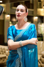 Thumbnail for Vastranavya Sea Blue Embroidery Work Shimmer Chiffon Saree with Unstitched Blouse