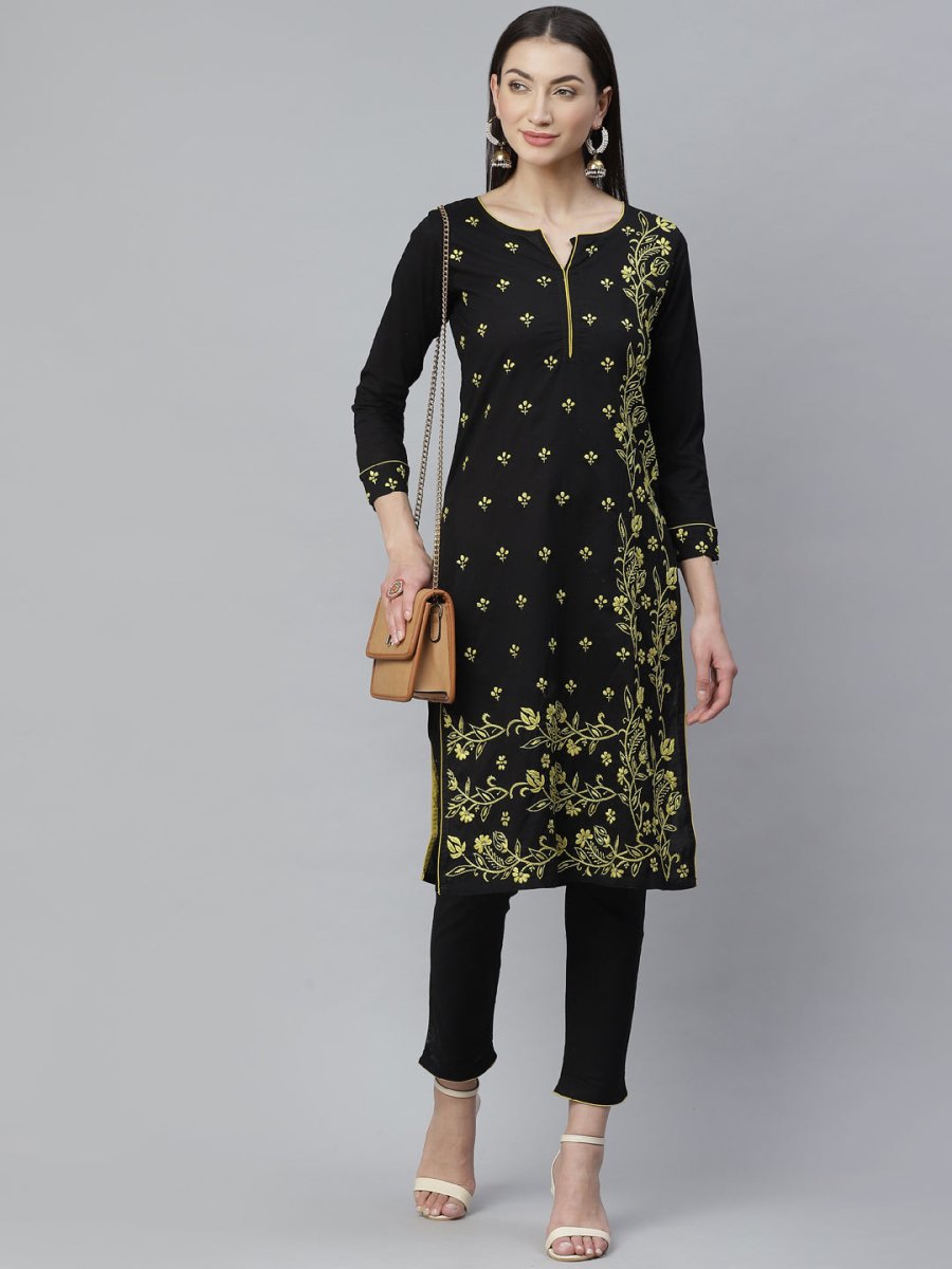 ADA Women Black & Yellow Chikankari Hand Embroidered Sustainable Handloom Kurta with Trousers - Distacart
