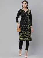 Thumbnail for ADA Women Black & Yellow Chikankari Hand Embroidered Sustainable Handloom Kurta with Trousers - Distacart