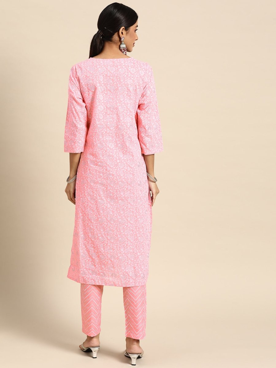 All About You Women Pink Ethnic Motifs Printed Pure Cotton Kurta with Trousers - Distacart