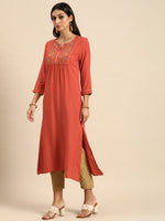 Thumbnail for All About You Women Rust Orange Floral Yoke Design Embroidered Thread Work Straight Kurta - Distacart