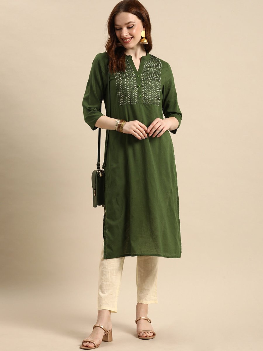 All About You Women Olive Green Geometric Yoke Design Pure Cotton Kurta - Distacart