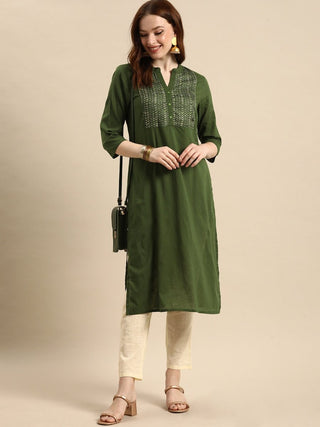 All About You Women Olive Green Geometric Yoke Design Pure Cotton Kurta - Distacart