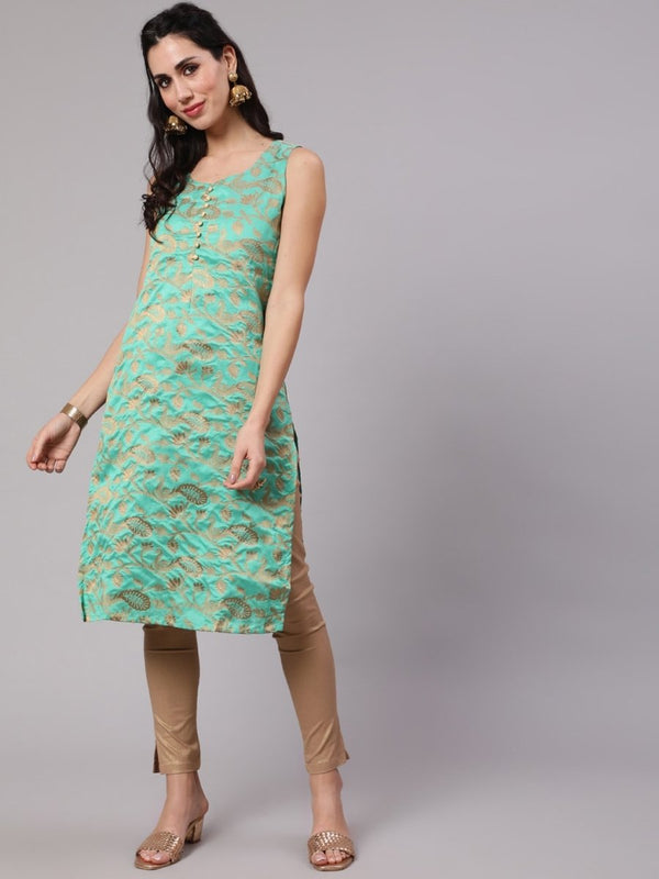 Aks Woven Design Round Neck Straight Kurta - Distacart