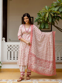 Thumbnail for Kalini Floral Yoke Design Empire V-Neck Mirror Work Cotton Kurta With Patiala & Dupatta - Distacart