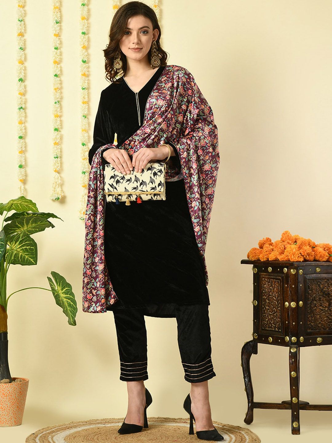Kalini V Neck Long Sleeves Velvet Gotta Patti Straight Kurta with Trousers & Dupatta - Distacart
