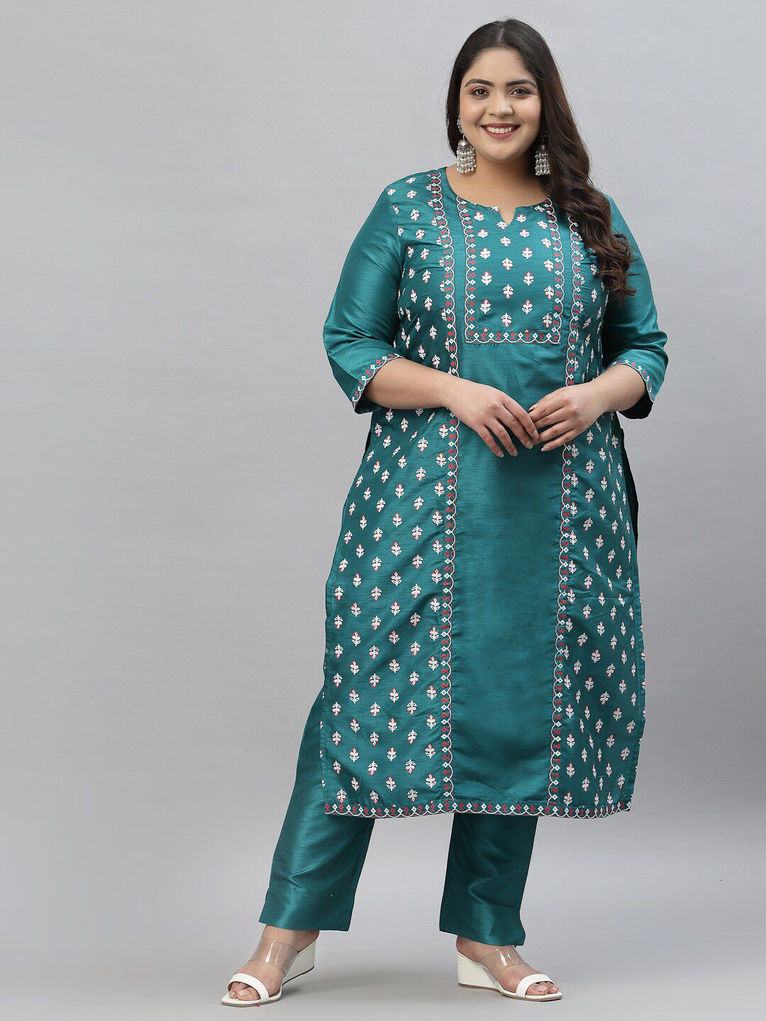 Sztori Plus Size Floral Printed Art Silk Kurta With Trousers - Distacart