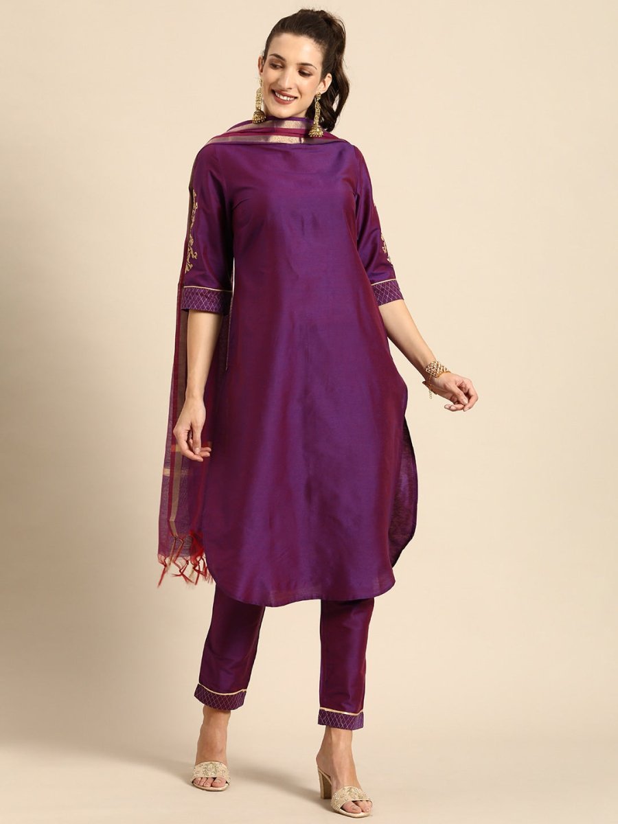 All About You Women Purple Zari Embroidered Regular Kurta with Trousers & Dupatta - Distacart