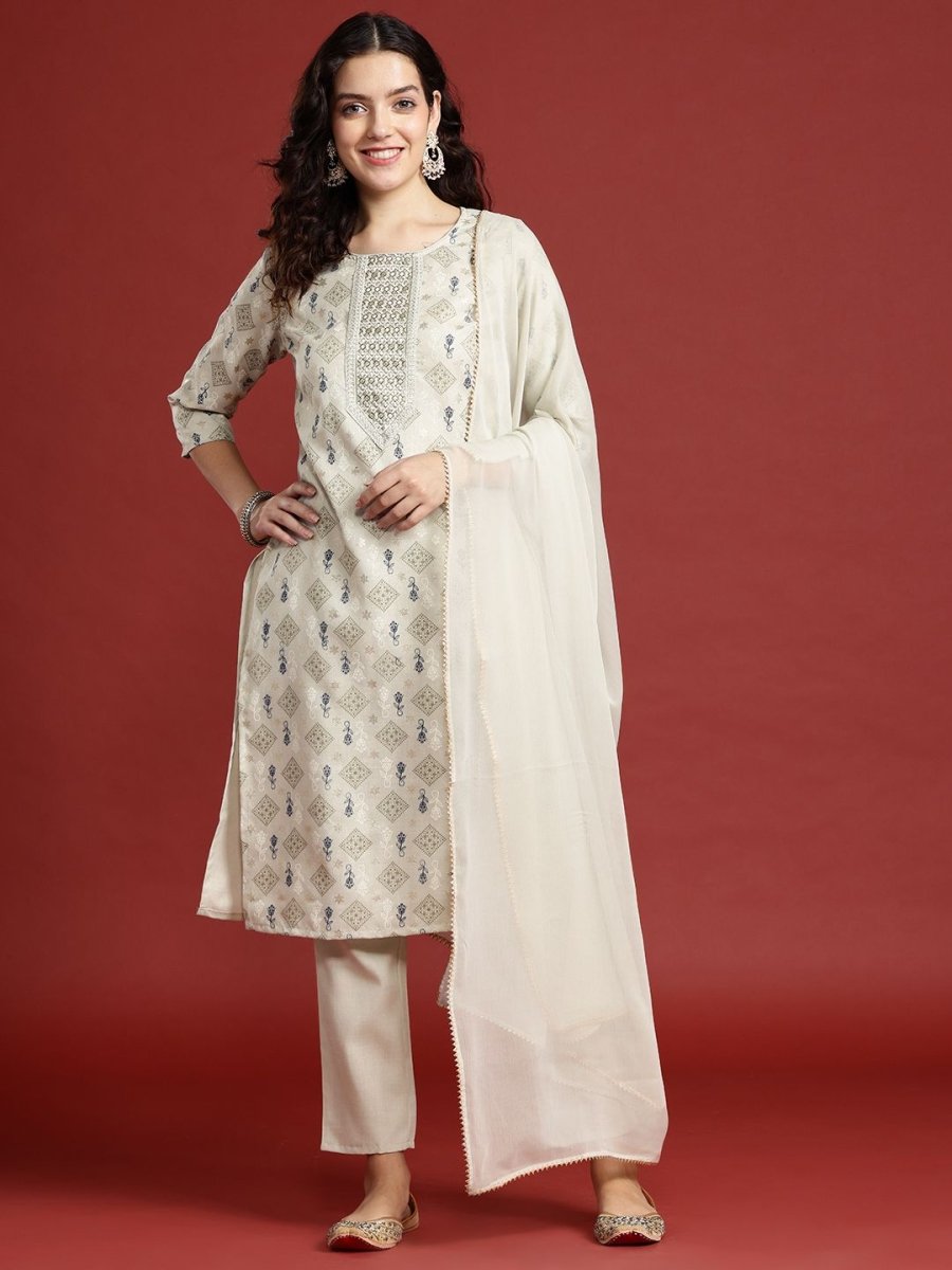 Anouk Ethnic Motifs Printed Regular Thread Work Kurta with Trousers & Dupatta