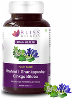 Thumbnail for bliss welness brain health brahmi shankapushpi ginkgo biloba veg tablet