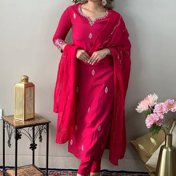 Kalini Ethnic Motifs Embroidered Thread Work Detail Straight Kurta & Trousers With Dupatta - Distacart