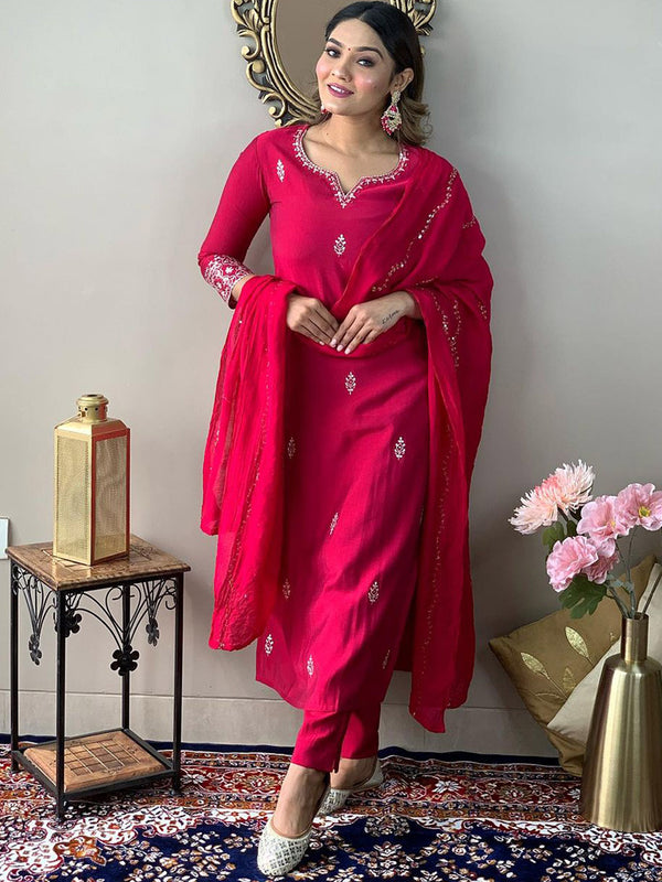 Kalini Ethnic Motifs Embroidered Thread Work Detail Straight Kurta & Trousers With Dupatta - Distacart