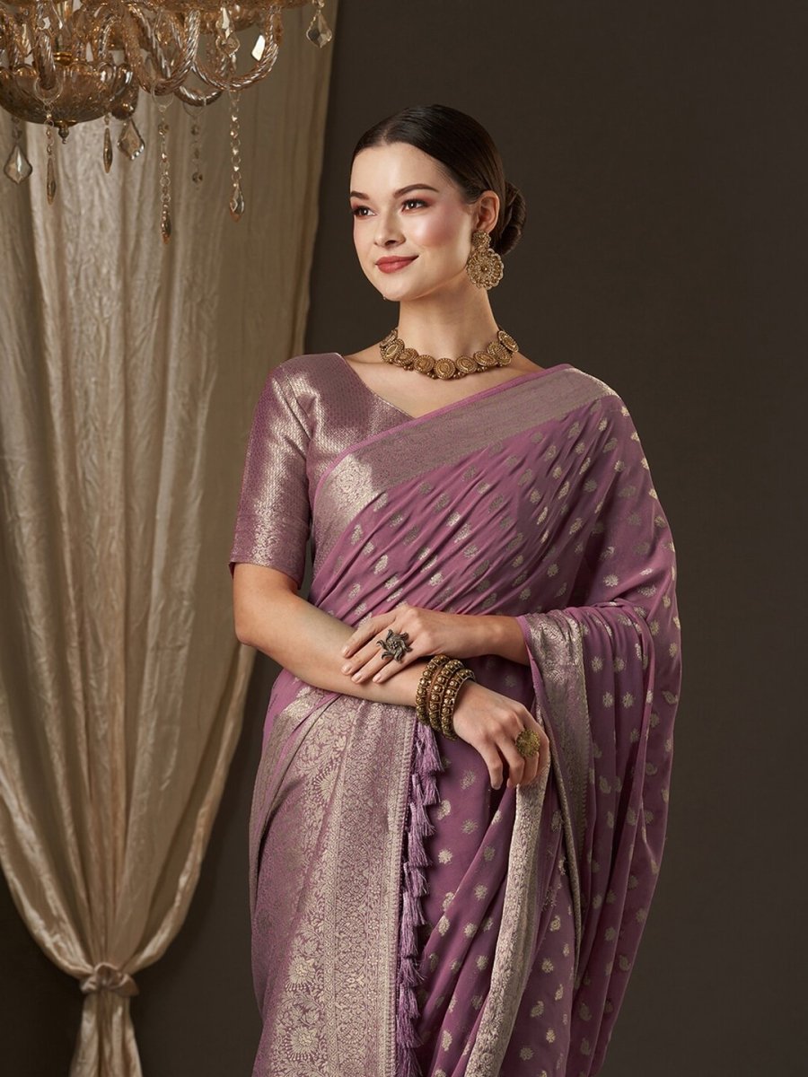 Anouk Mauve & Gold-Toned Woven Design Zari Pure Georgette Kanjeevaram Saree - Distacart