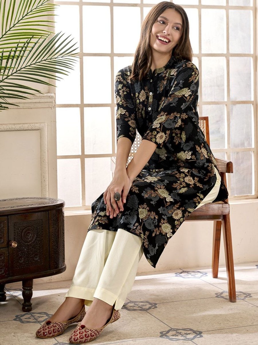 Anouk Black Floral Printed Mandarin Collar Thread Work A-Line Kurta - Distacart
