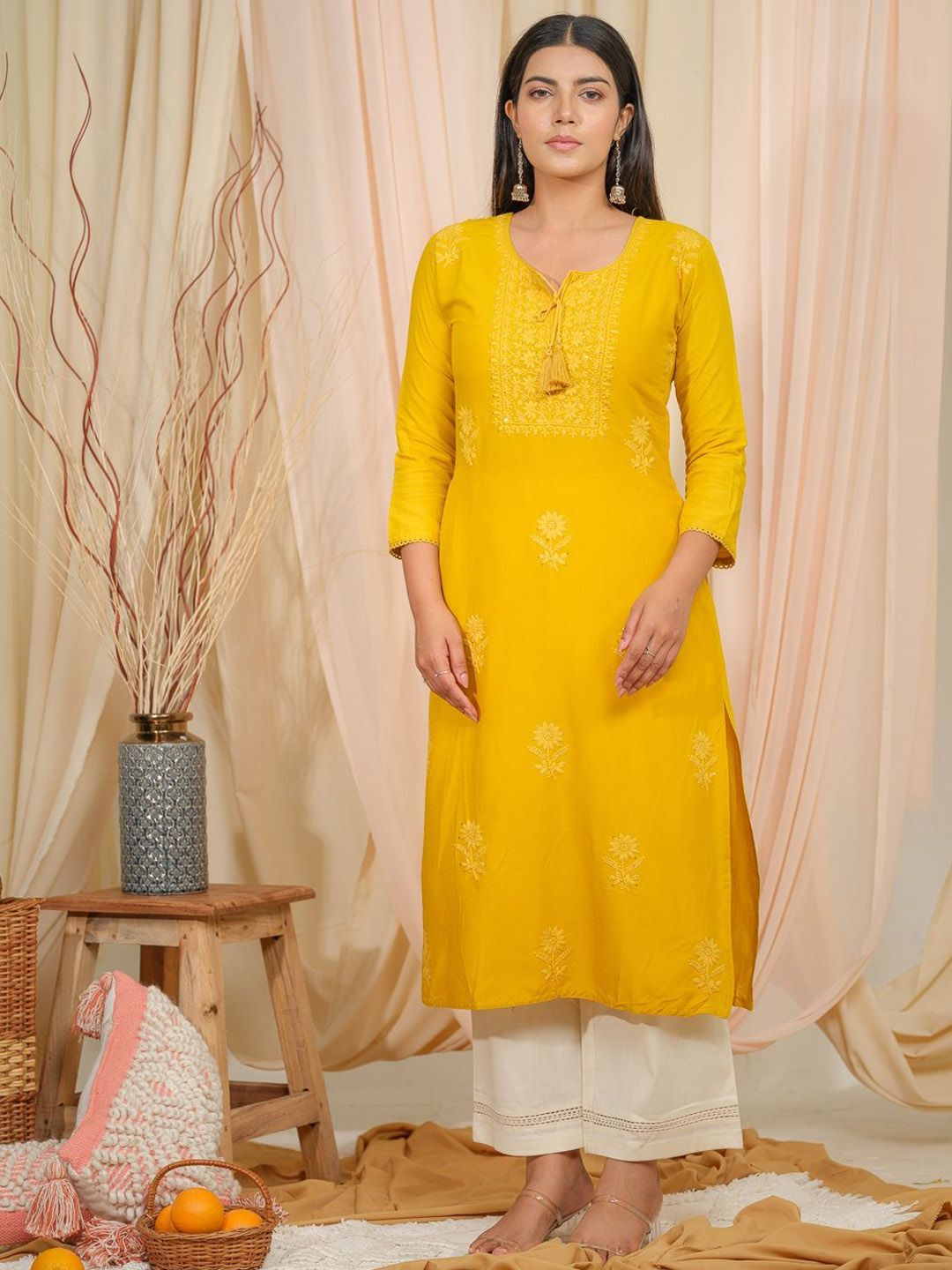 Ode by House of Pataudi Floral Embroidered Tie-Up Neck Straight Kurta - Distacart